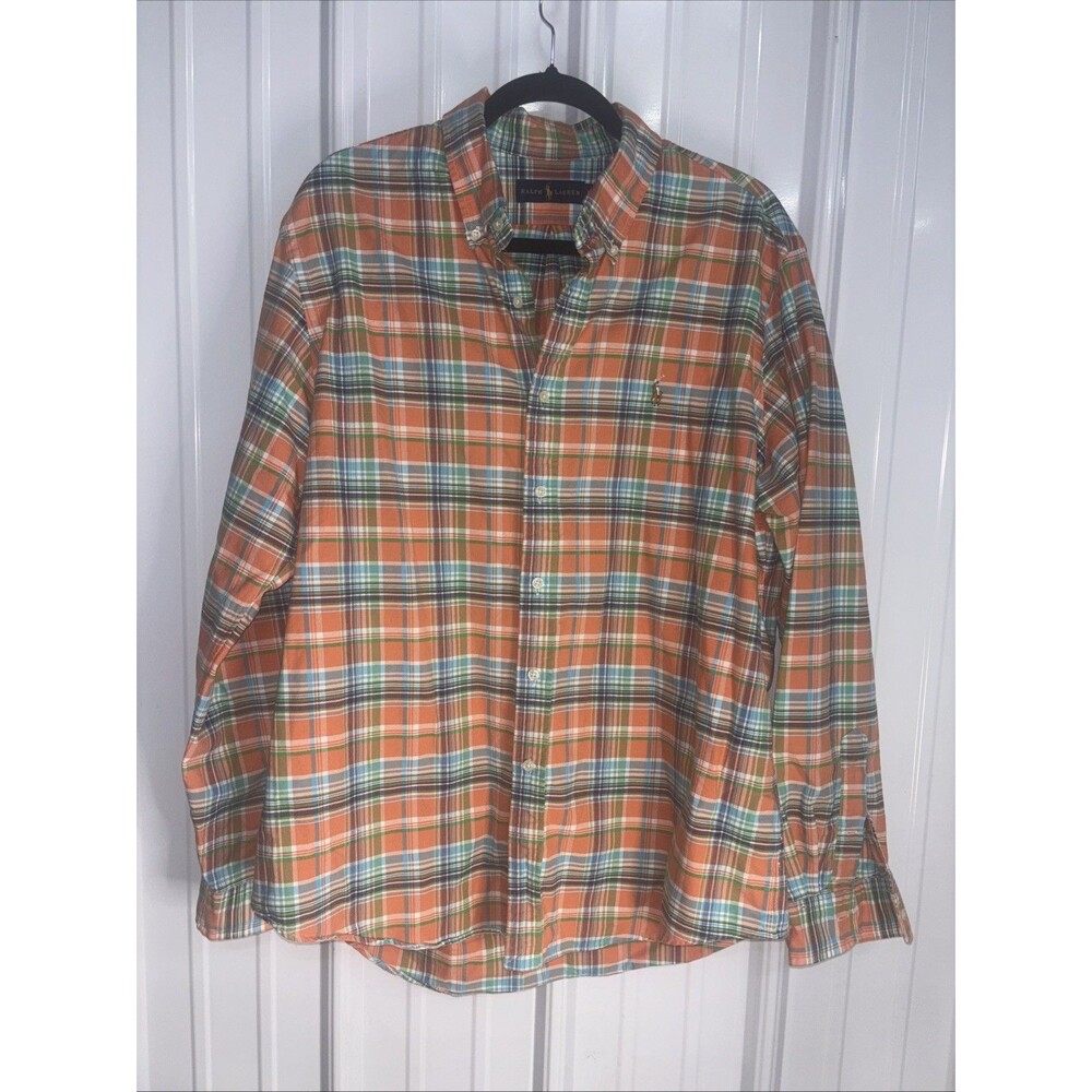 Polo Ralph Lauren Orange and Blue Plaid Long Sleeve Button Up Size XL EUC